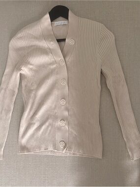 Sandro Cream Ribbed V-Neck Button Cardigan